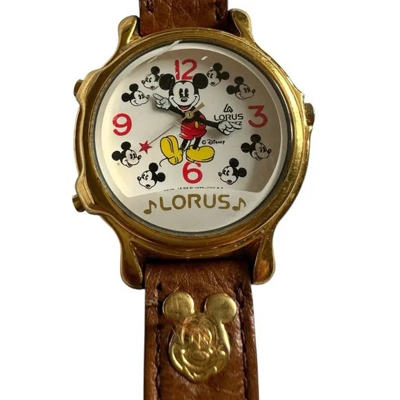Vintage Lorus Quartz Disney Mickey Mouse Musical Watch Brown Leather Band